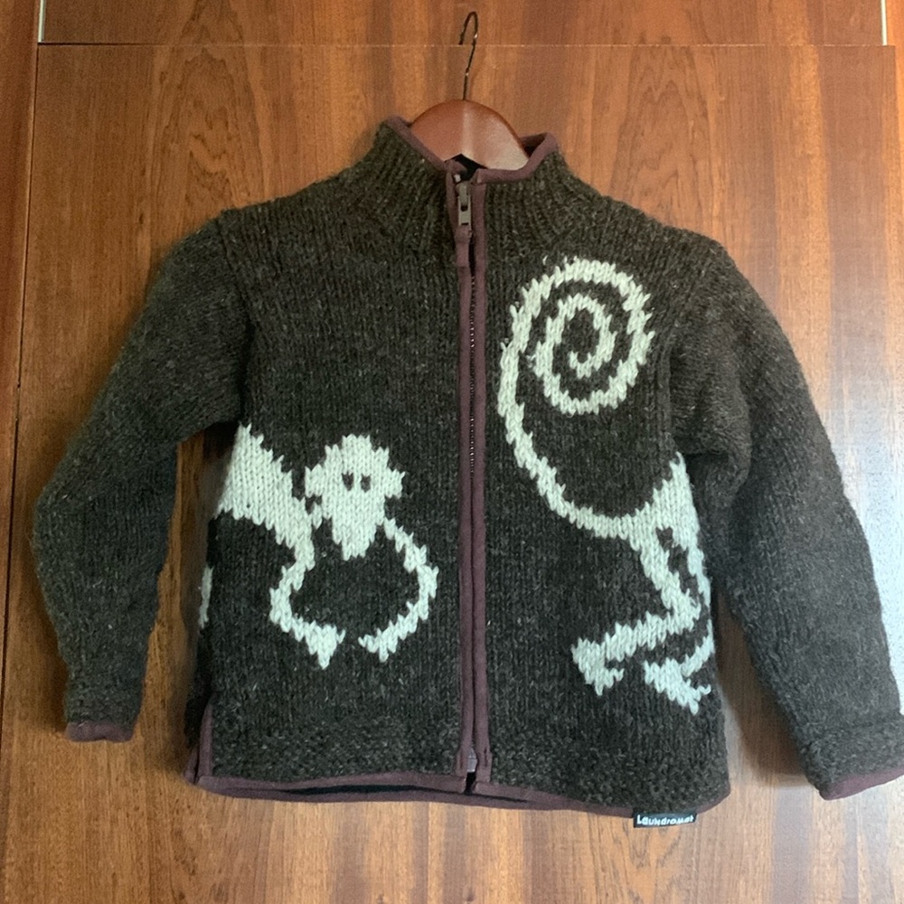 100% Wool Fleece Lined Monkey Knit Zip Up Sweater